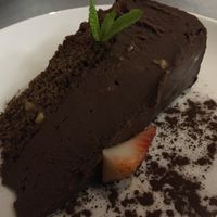 First dessert: chocolate layer cake at Teresa Carles Cocina Vegetariana in Barcelona