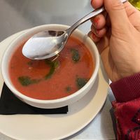 Watermelon gazpacho — innovative and fresh. at Teresa Carles Cocina Vegetariana in Barcelona