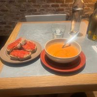 Gazpacho and bread with tomato   at Teresa Carles Cocina Vegetariana in Barcelona
