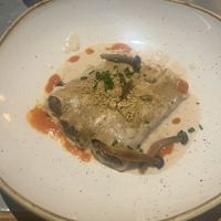Pasta filled with mushrooms in a crema of mushrooms   at Teresa Carles Cocina Vegetariana in Barcelona
