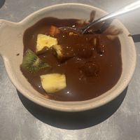 Fruit with chocolate kind of chocolate fondue     at Teresa Carles Cocina Vegetariana in Barcelona