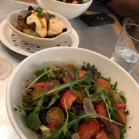 Root veg bravas and quinoa salad at Teresa Carles Cocina Vegetariana in Barcelona