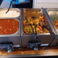 "Mains", gulash, rice, tandori vegetables and falafel. All vegan at Legume in Uppsala