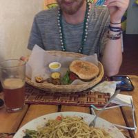burger and pasta at El Jardín de Jazmín in Lima