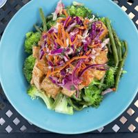 Vegan Thai bowl spicy peanut sauce. Yum at Laughing Planet Cafe in Bend