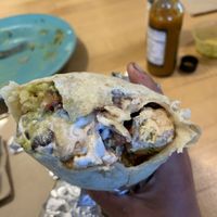 Tempeh royale burrito sub tofu with vegan sour cream  at Laughing Planet Cafe in Bend