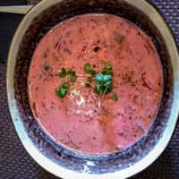 Cold beet soup (Borscht?): looks non vegan but it is vegan, very Latvian (a dish they share with other countries, but which they also claim as their own) and very tasty at Bhajan Cafe in Riga