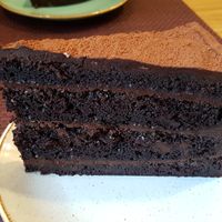 Chocolate layer cake at Bhajan Cafe in Riga