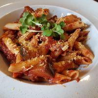 Pasta marinara with eggplant at Bhajan Cafe in Riga
