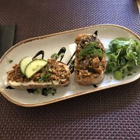 Bruchetta with salmon and Jack fruit😍 at Bhajan Cafe in Riga