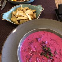 burrito bowl and cold beetroot soup at Bhajan Cafe in Riga