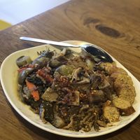 Vegan northern Thai sausage, spicy eggplants, shiitake mock meat and rice at Im Jai - Veg Food Stall in Chiang Mai