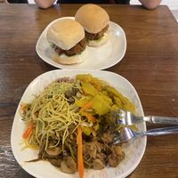 Chickn burgers & 3 dish options - noodles, pumpkin, veggies  at Im Jai - Veg Food Stall in Chiang Mai
