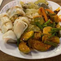 All this for 60 baht! Sooo delicious! Rice with 2 items (40baht) plus 2 spring rolls (20baht)   at Im Jai - Veg Food Stall in Chiang Mai