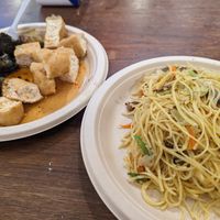 105 baht for Chinese noodles, fried tofu, and radish cake at Im Jai - Veg Food Stall in Chiang Mai