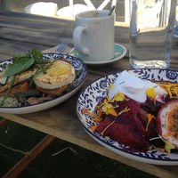 Tofu eggs and rhubarb pancakes. at Little Seed by Firefly in Toowoomba