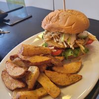 vegan burger with fries at OKEY Al Natural in Lima