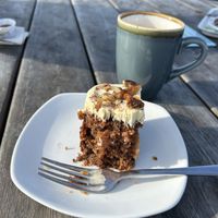 Yummy carrot cake and tea with soya milk.  at Guardhouse Cafe in Brixham