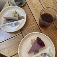 Espresso, cold brew, lemon cake, hibiscus chocolate cake  at Naspolya Nassolda in Budapest