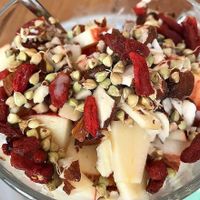 Goji berry and apple granola with almond milk at Naspolya Nassolda in Budapest