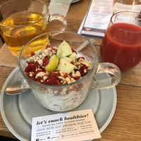 Breakfast- gunpowder tea- strawberry mint juice at Naspolya Nassolda in Budapest