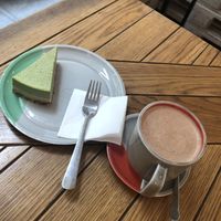 Matcha cake and super cacao  at Naspolya Nassolda in Budapest