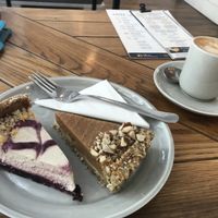 Cheese cake with fermented cashew & apple pie with fig cream at Naspolya Nassolda in Budapest