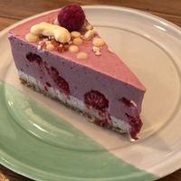 Raspberry “cheesecake”. Looks are deceiving as I’d give it a 3 out of 5 for taste & especially texture as they use agar agar to thicken it which gives it a jelly like texture at Naspolya Nassolda in Budapest
