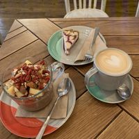 Granola, cheese cake and almond cappuccino at Naspolya Nassolda in Budapest