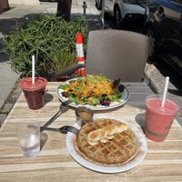 farm juice, walker salad, waffle, sunset smoothie  at Judahlicious in San Francisco