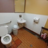 Dirty bathroom no ventilation, poor hand dryer, no baby changing station at Judahlicious in San Francisco