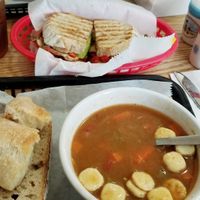 7 bean soup and  a Veganlicious sandwhich! Really, really good! at Crescent Bakery and Cafe in Frankfort
