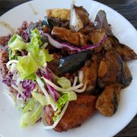 Egg plant and tofu over brown rice at Tofoo Com Chay in San Jose