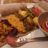 Vegan special- lentil stew, chickpeas stew,  beetroot, spinach,  kale at Gadja Etiopisk in Stavanger