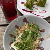 Kimchi dumpling, kelp noodles, and hibiscus lemonade   at Plant Food + Wine in Los Angeles