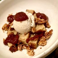 Olive oil cake with tahini gelato, candied almonds and cherry sauce  at Plant Food + Wine in Los Angeles