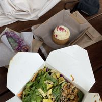 Buddha bowl, rice paper roll and cake  at Day Kitty in Warrnambool