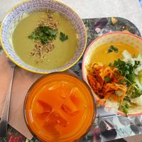 Soup, Tibetan mamma bowl and carrot detox juice  at Le Botaniste in Ghent