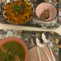 Soup of the day, Tajine, Kimchi, Green Pea Hummus and salad, seeded bread (half a slice lol)   at Le Botaniste in Ghent