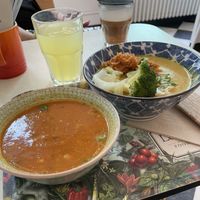 Tibetan Mama bowl, soup of the day and Botanical lemonade, also a oat cappuccino on the back   at Le Botaniste in Ghent