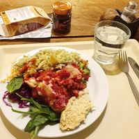 Thai style risotto,  pumpkin, beetroot and potato dish with vegan cheese , hummus and salad at Country Life Restaurant in Prague
