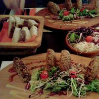 Vegelicious vegan chickpea burger patties with spicy peanut sauce and salad at Matoni in Split