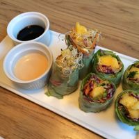 Summer rolls (or spring rolls, but not fried), called "rice paper" in the menu. These ones were the mango variant. at simpleRAW in Copenhagen