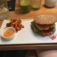 Delicious burger and chips  at simpleRAW in Copenhagen