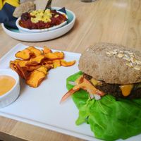 Burger and moussaka at simpleRAW in Copenhagen