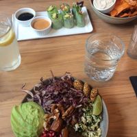 Middle Eastern Bowl with spring rolls and veggie crisps (april 2018) at simpleRAW in Copenhagen