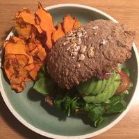 Avocado sandwich and sweet potato chips  at simpleRAW in Copenhagen