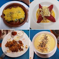 Clockwise from top right: cannelloni, stuffed peppers, patatas bravas, melon gazpacho at Fang i Aram in Menorca