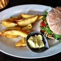 Organic Soy-Tomato-Burger with Potatoes at Delikat am Stadewäldchen in Dortmund