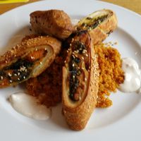 Couscous salad with cashew mousse and a sweet potatoe & Spinach filo pastry - yummy!!! at Delikat am Stadewäldchen in Dortmund